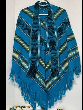 Vintage Nepalese Wrap Poncho Turquoise Aztec Fringe Shrug Sweater